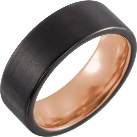 18K Rose Gold PVD & Black PVD Tungsten 8 mm Flat Edge Size 10 Band with Satin Finish - Robson's Jewelers
