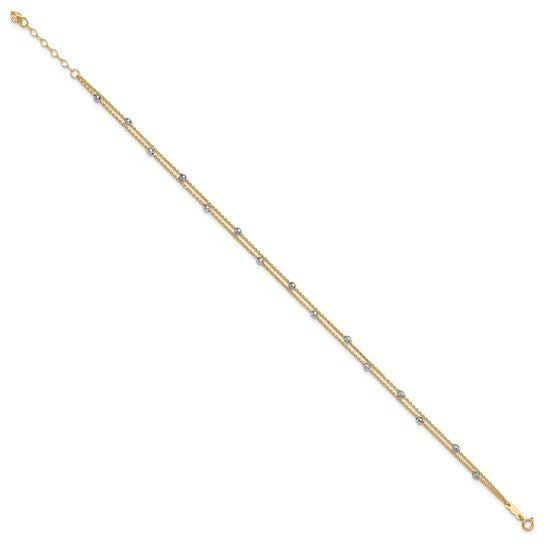 14K Two-tone 2 Stand Spiga Mirror Beads 9in Plus 1in Ext. Anklet - Robson's Jewelers