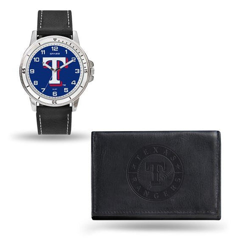MLB Texas Rangers Black Leatherette Strap Quartz Watch and Black Leather Wallet Set by Rico Industries - Robson's Jewelers