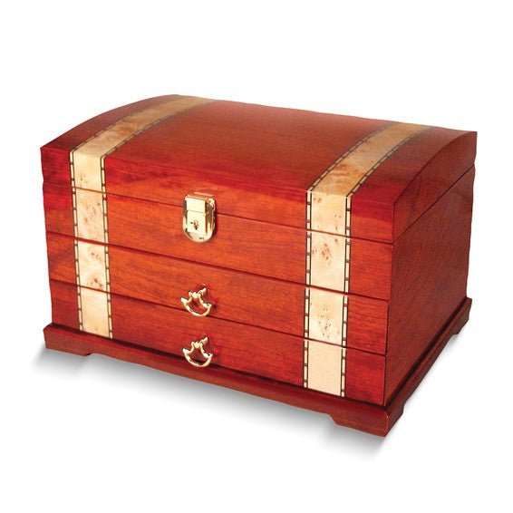 High Gloss Veneer with Scrolled Borders Two Drawer Locking Wooden Jewelry Box - Robson's Jewelers