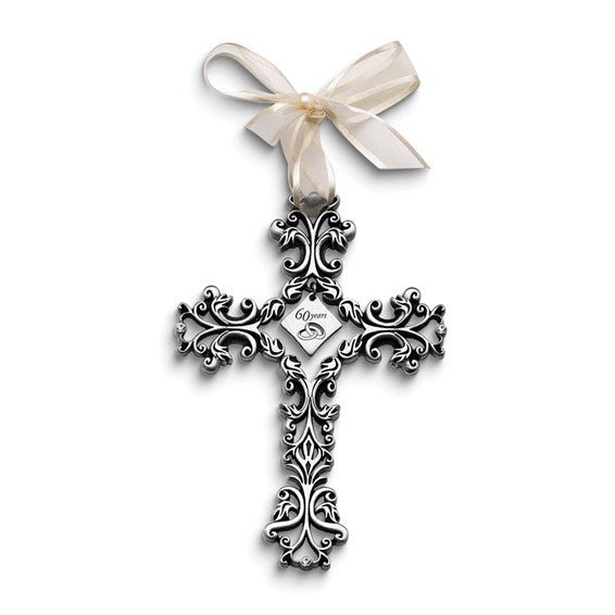 Silver-tone 60 YEARS Filigree with Crystals and Ribbon Wall Cross - Robson's Jewelers