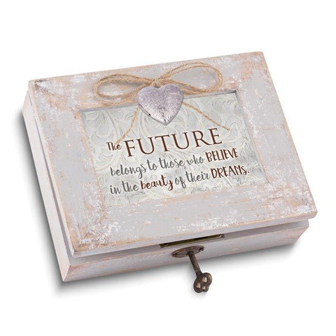 Distressed Finish Wood THE FUTURE BELONGS… with Heart Locket Music Box - Robson's Jewelers