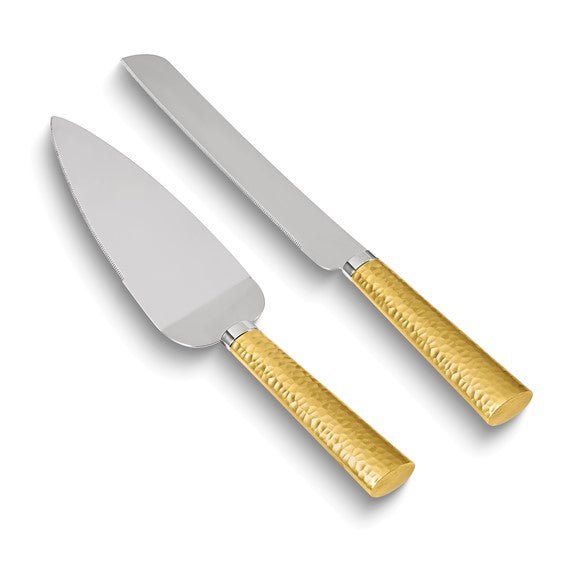 Gold-tone Hammered Handle Knife and Server Set with Stainless Steel Blades