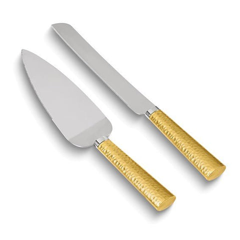 Gold-tone Hammered Handle Knife and Server Set with Stainless Steel Blades - Robson's Jewelers
