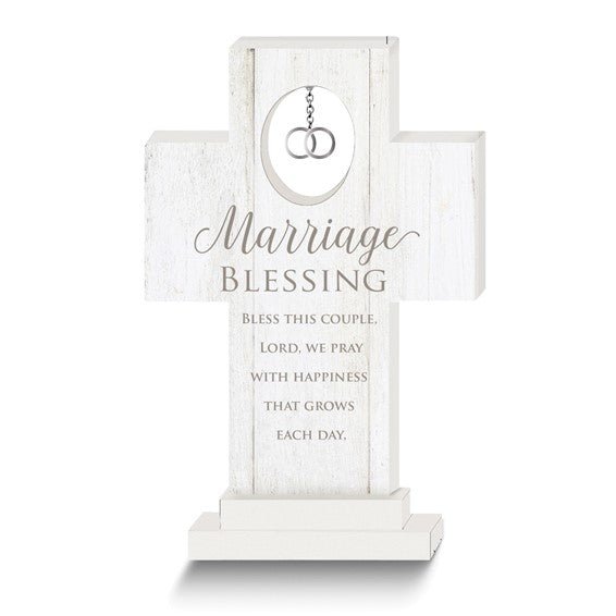 MARRIAGE BLESSING 6 inch Standing Wooden Cross with Double Rings Charm - Robson's Jewelers