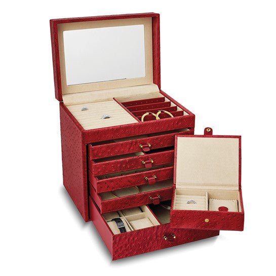 Red Ostrich Texture Leather with Mirror Ultra-Suede Lined 5-Drawer Jewelry Chest with Removable Travel Case - Robson's Jewelers