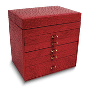 Red Ostrich Texture Leather with Mirror Ultra-Suede Lined 5-Drawer Jewelry Chest with Removable Travel Case - Robson's Jewelers