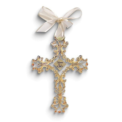 Gold-tone 50 YEARS Filigree with Crystals and Ribbon Wall Cross - Robson's Jewelers