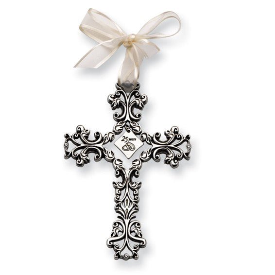 Silver-tone 25 YEARS Filigree Cross with Crystals and Ribbon - Robson's Jewelers