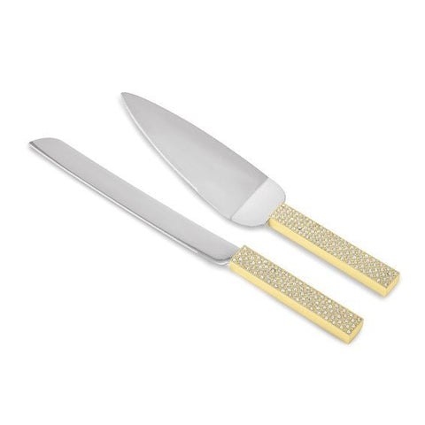 Luxury Giftware Brass-plated Crystal Embellished Stainless Steel Blades Cake Knife and Server Set - Robson's Jewelers