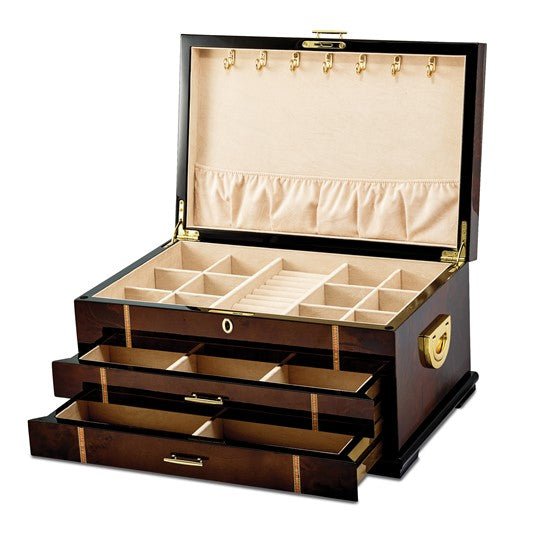 Luxury Giftware High Gloss Rustic Burlwood Veneer with Walnut and Scrolled Inlay 2-drawer Locking Wooden Jewelry Chest - Robson's Jewelers