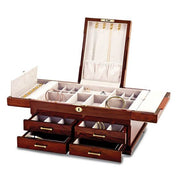 Luxury Giftware High Gloss Bubinga Veneer with Mapa Burl and Scrolled Inlay Fold-out Top 4-drawer Locking Wooden Jewelry Box - Robson's Jewelers