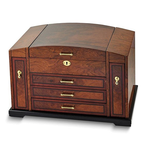 High Gloss Bubinga Veneer with Elm Burl Inlay 3-drawer with Slide-out Sides Locking Wooden Jewelry Box - Robson's Jewelers