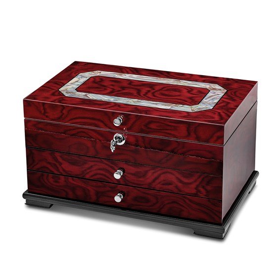 Luxury Giftware High Gloss Rosewood Veneer with Mother of Pearl Inlay 2-Drawer Locking Wooden Jewelry Box - Robson's Jewelers