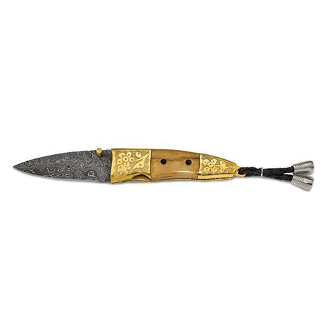 Mammoth Tusk Ivory and Brass Handle Folding Knife with Leather Sheath and Wooden Gift Box - Robson's Jewelers