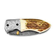 Luxury Giftware Damascus Steel 256 Layer Folding Blade Steel Guard Staghorn Handle KnifeWooden Gift Box - Robson's Jewelers