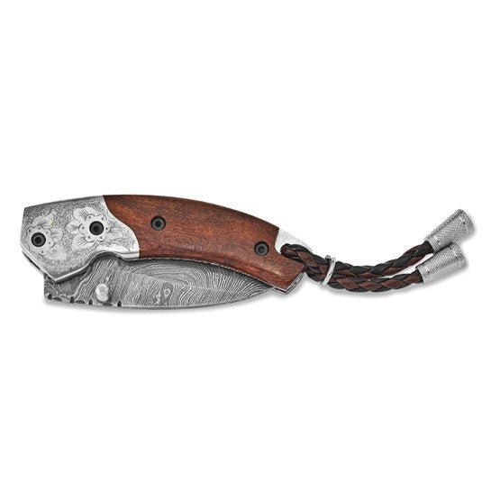 Luxury Giftware Damascus Steel 256 Layer Folding Blade Steel Guard Tali Wood Handle Knife with Leather Sheath and Wooden Gift Box - Robson's Jewelers