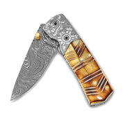 Luxury Giftware Damascus Steel 256 Layer Folding Dyed and Carved Camel Bone Handle Knife with Leather Sheath and Wooden Gift Box - Robson's Jewelers