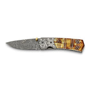 Luxury Giftware Damascus Steel 256 Layer Folding Dyed and Carved Camel Bone Handle and Wooden Gift Box - Robson's Jewelers