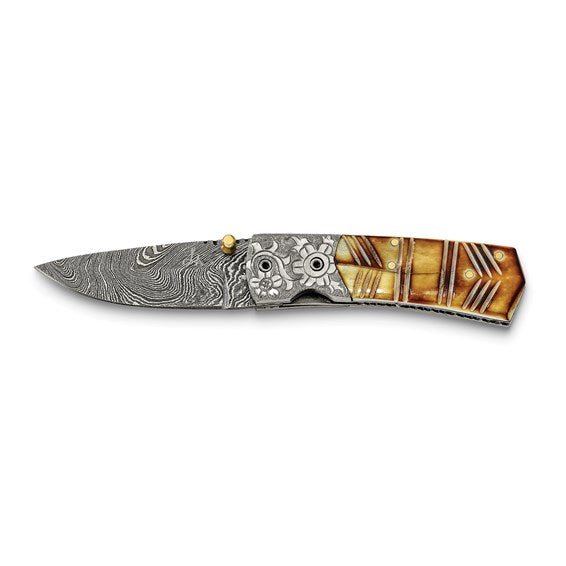 Luxury Giftware Damascus Steel 256 Layer Folding Dyed and Carved Camel Bone Handle Knife with Leather Sheath and Wooden Gift Box - Robson's Jewelers