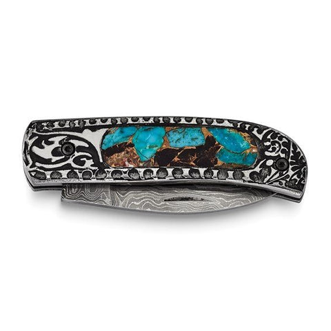 Luxury Giftware Damascus Steel 256 Layer Folding Blade Turquoise Handle Knife with Leather Box - Robson's Jewelers