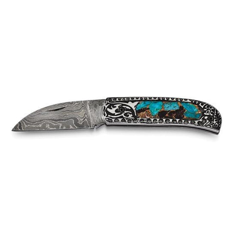 Luxury Giftware Damascus Steel 256 Layer Folding Blade Turquoise Handle Knife with Leather Box - Robson's Jewelers