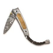 Luxury Giftware Limited Edition Damascus Steel 256 Layer Woolly Mammoth Tusk Ivory Inlay with Bird Engraved Handle Folding Knife with Leather Sheath and Wooden Gift Box - Robson's Jewelers