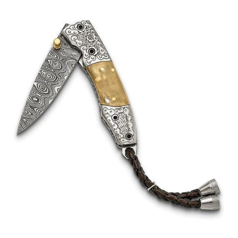 Luxury Giftware Limited Edition Damascus Steel 256 Layer Woolly Mammoth Tusk Ivory Handle Folding Knife with Leather Sheath and Wooden Gift Box - Robson's Jewelers