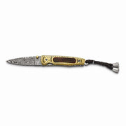 Luxury Giftware Damascus Steel 256 Layer Folding Blade Wood Inlay and Brass Engraved Handle Knife with Leather Sheath and Wooden Gift Box - Robson's Jewelers