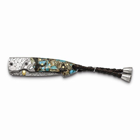 Luxury Giftware Damascus Steel 256 Layer Folding Blade Turquoise/Abalone/Obsidian/Bronze Handle Knife with Leather Sheath and Wooden Gift Box - Robson's Jewelers