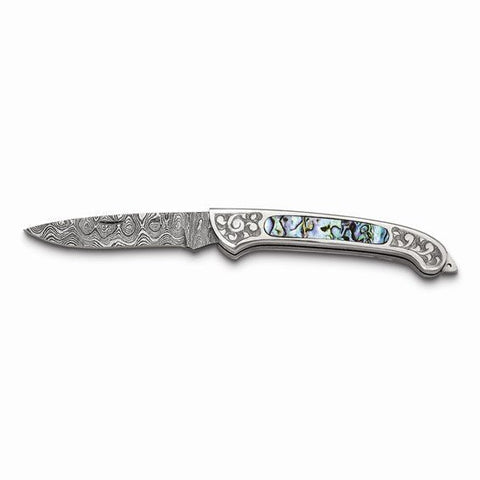 Luxury Giftware Damascus Steel 256 Layer Folding Blade Abalone Inlay Handle Knife with Leather Sheath and Wooden Gift Box - Robson's Jewelers
