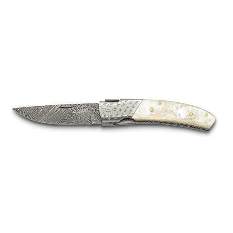 256 Layer Mother of Pearl Handlel with Steel Guard Folding Knife with Leather Sheath and Wooden Gift Box - Robson's Jewelers
