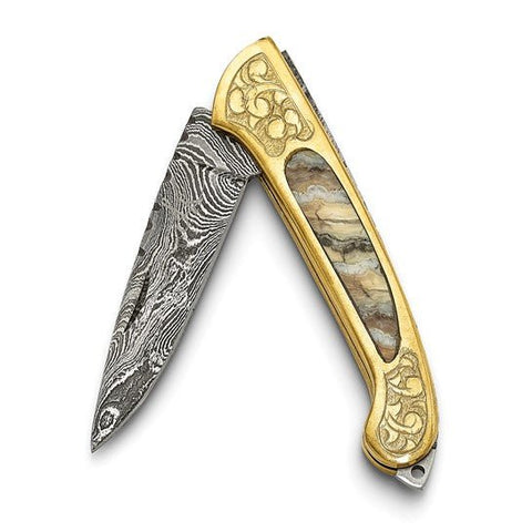 Luxury Giftware Limited Ed Damascus 256 Layer Brass/Woolly Mammoth Tooth Inlay Handle Folding Knife with Leather Sheath and Wooden Gift Box - Robson's Jewelers