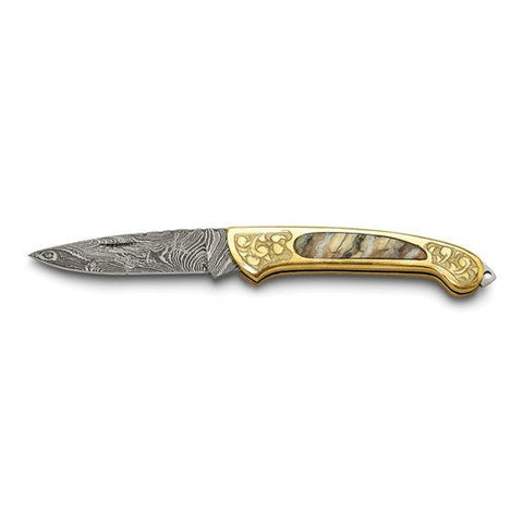Luxury Giftware Limited Ed Damascus 256 Layer Brass/Woolly Mammoth Tooth Inlay Handle Folding Knife with Leather Sheath and Wooden Gift Box - Robson's Jewelers