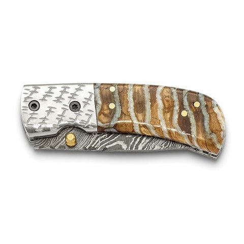 256 Layer Woolly Mammoth Tooth/Steel Handle Folding Knife with Leather Sheath and Wooden Gift Box - Robson's Jewelers