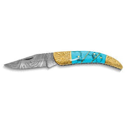 Luxury Giftware Damascus Steel 256 Layer Folding Blade Compressed Turquoise and Stone Handle Knife with Leather Sheath and Wooden Gift Box - Robson's Jewelers