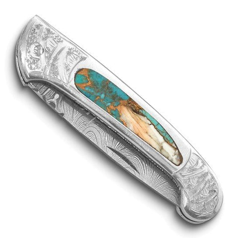 Damascus Steel 256 Layer Folding Spiny Oyster/Turq/Bronze/Resin Knife - Robson's Jewelers
