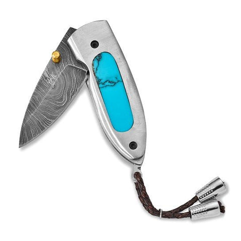 Damascus Steel 256 Layer Folding Blade Compressed Turquoise Handle Knife - Robson's Jewelers