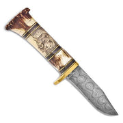 256 Layer Fixed Blade Lion and Elephant Scrimshaw Handle Knife with Leather Sheath and Gift Box - Robson's Jewelers
