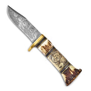 256 Layer Fixed Blade Lion and Elephant Scrimshaw Handle Knife with Leather Sheath and Gift Box - Robson's Jewelers