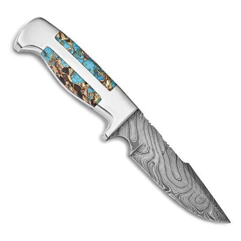 Damascus Steel 256 Layer Fixed Blade Turquoise/AbaloneShell/Obsidian Handle - Robson's Jewelers