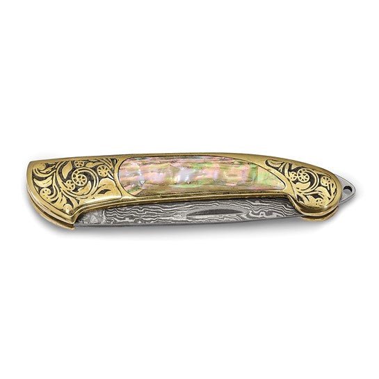 Luxury Giftware Damascus Steel 256 Layer Folding Blade Genuine Abalone Shell Handle Knife with Leather Sheath and Wooden Gift Box - Robson's Jewelers