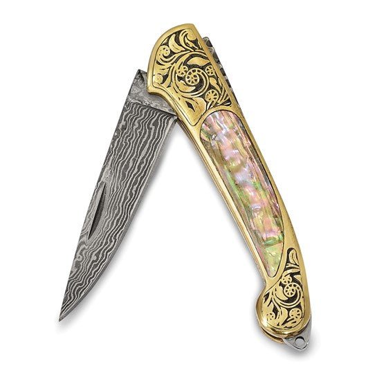 Luxury Giftware Damascus Steel 256 Layer Folding Blade Genuine Abalone Shell Handle Knife with Leather Sheath and Wooden Gift Box - Robson's Jewelers