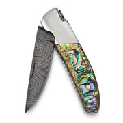 256 Layer Folding Blade Abalone Handle Knife with Leather Sheath and Wooden Gift Box - Robson's Jewelers