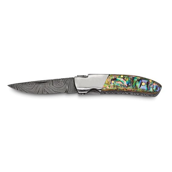 Luxury Giftware Damascus Steel 256 Layer Folding Blade Abalone Handle Knife with Leather Sheath and Wooden Gift Box - Robson's Jewelers