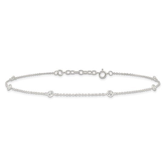 Sterling Silver E-coated CZ Stations 9.75in Plus 1in ext. Anklet - Robson's Jewelers
