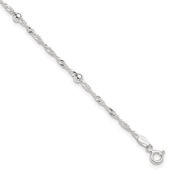 Sterling Silver Polished Beaded Singapore 10in Anklet - Robson's Jewelers