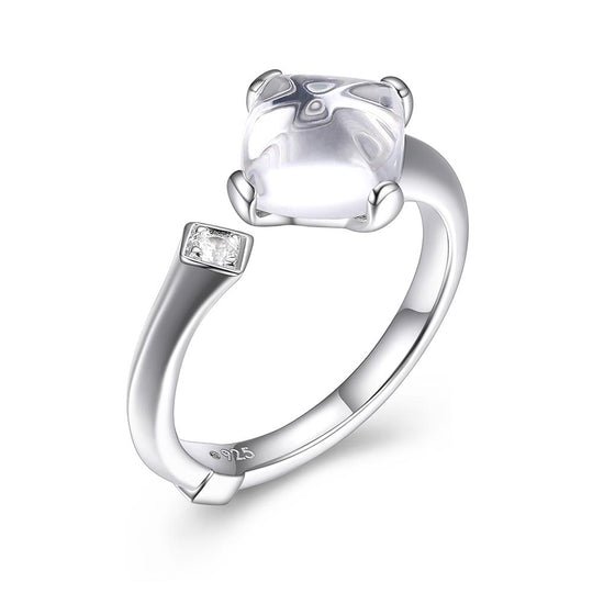 made of Synthetic White Crystal (Cushion 8x8x5mm) and CZ, Ring Size 6, Rhodium Plated - Robson's Jewelers