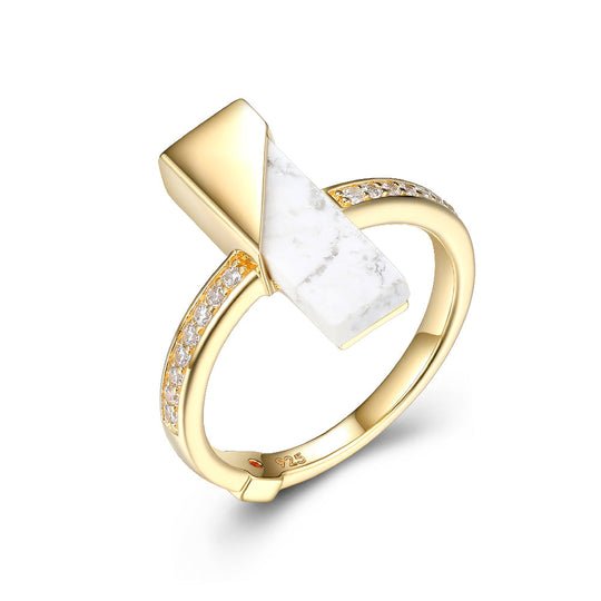 Sterling Silver Ring with Genuine Howlite (16x5x2mm) and Pave CZ Bar, Size 6, 18K Yellow Gold Plated - Robson's Jewelers