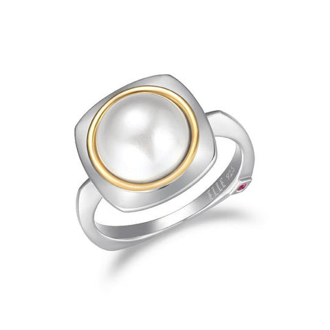 Sterling Silver Ring made of Square Bezel with White Shell Pear (10mm), Size 6, 2 Tone, Rhodium and 18K Yellow Gold Plated - Robson's Jewelers